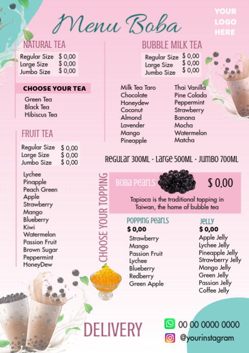 9 Tea Menu Bubble Tea Menu Design Bubble Tea Menu Graphic Template Stock Vector