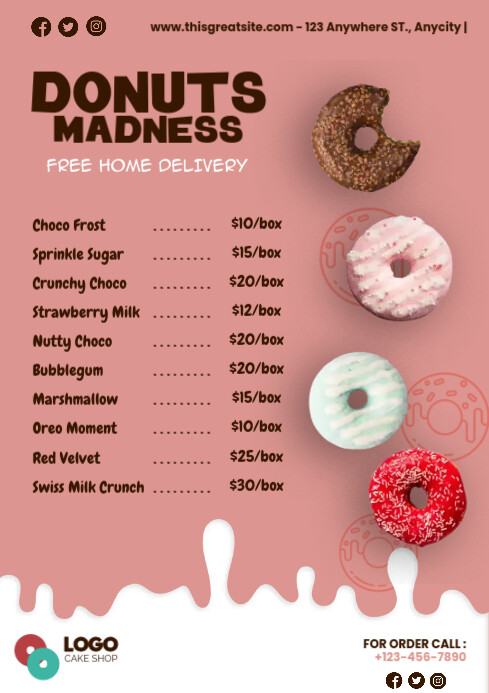 Menu Donut madness pink free delivery A4 template