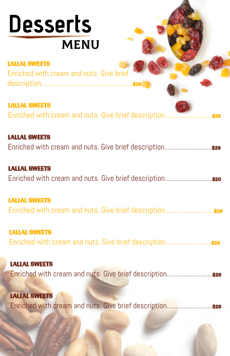 menu for desserts and bakery Полстраницы широкого формата template