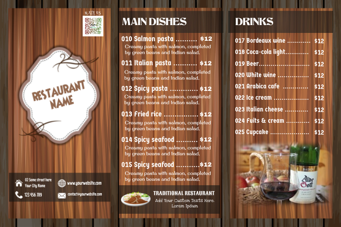 Plantilla De Menu De Triple Para Restaurantes Tradicionales Fondo De Madera Postermywall