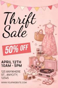 Merah Muda Pastel Thrift Sale Poster Plakat template
