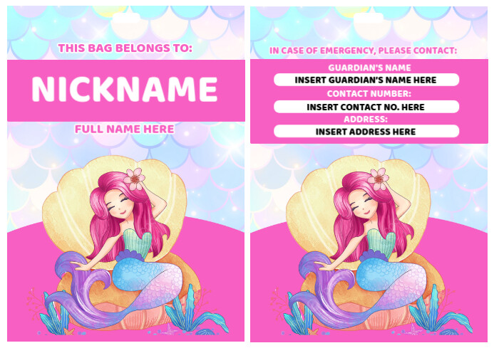Mermaid Personalized Bag Tags & name tag label A4 template