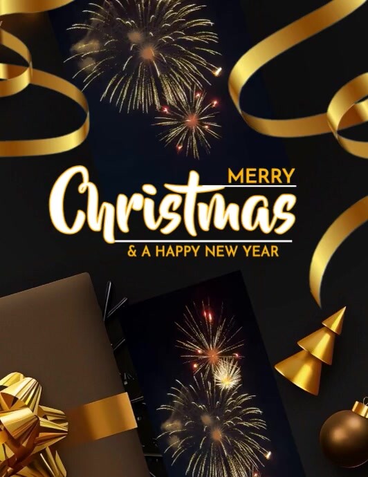 Merry Christmas and Happy New Year fireworks black flyer Løbeseddel (US Letter) template