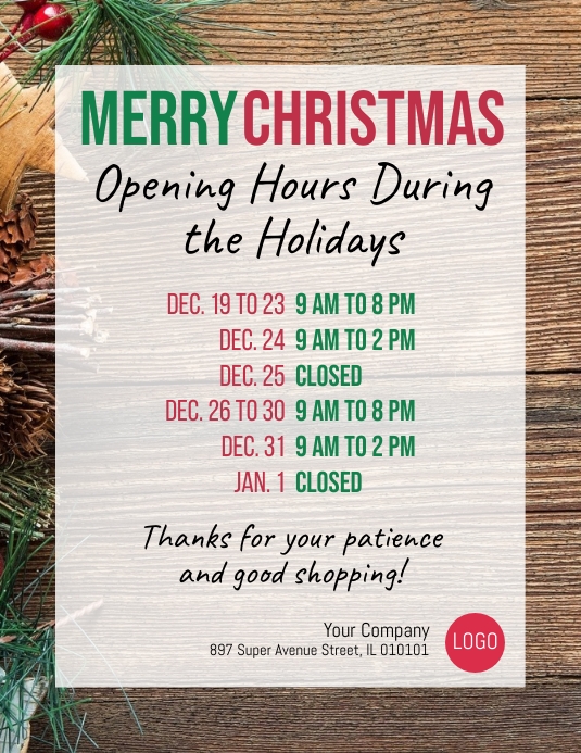 Merry Christmas Opening Hours Sign Template PosterMyWall merry-christmas-opening-hours-sign-template-postermywall