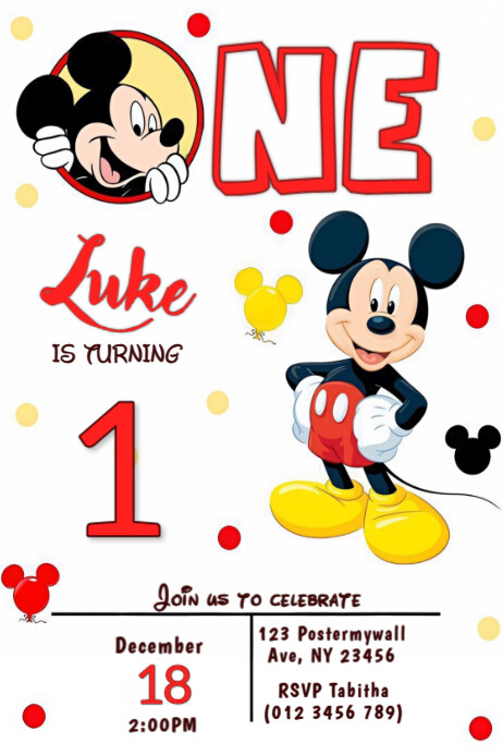 Copy of Mickey Mouse 1st Birthday Invitation | Editable Cartoon Party ...