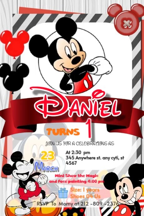 Mickey mouse invitation happy Brithday party temple flayer editablet celebration kids Disney โปสเตอร์ template