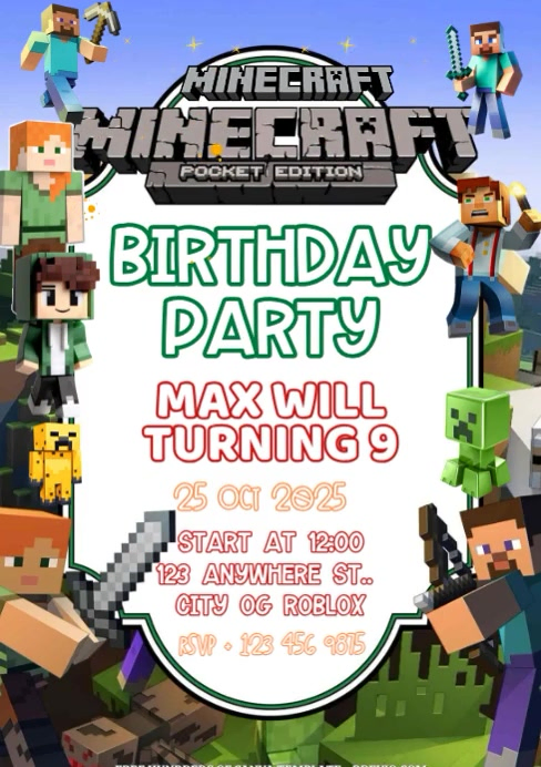 Minecraft Design Bday Minecraft Birthday Template | PosterMyWall