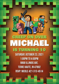 Brown and Green Minecraft Birthday Invitation A5 template