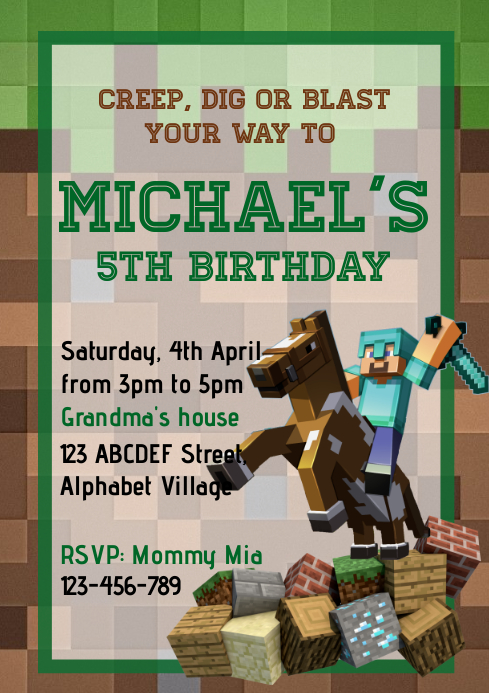 minecraft birthday invitation template postermywall
