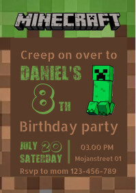 Minecraft green creeper birthday invitation Template | PosterMyWall