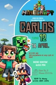 Minecraft Invitation Brithday Party Temple Flayer Editablet Celebration Kids  Poster Póster template