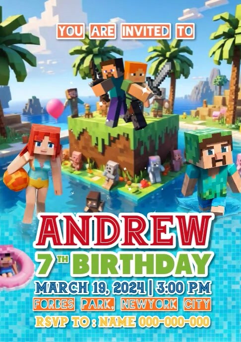 Minecraft Invitation Minecraft Birthday Invitations Pool Party Minecraft Inspired