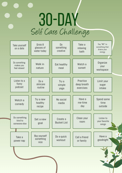Minimal Green 30 Day Self Care Challenge  A4 template
