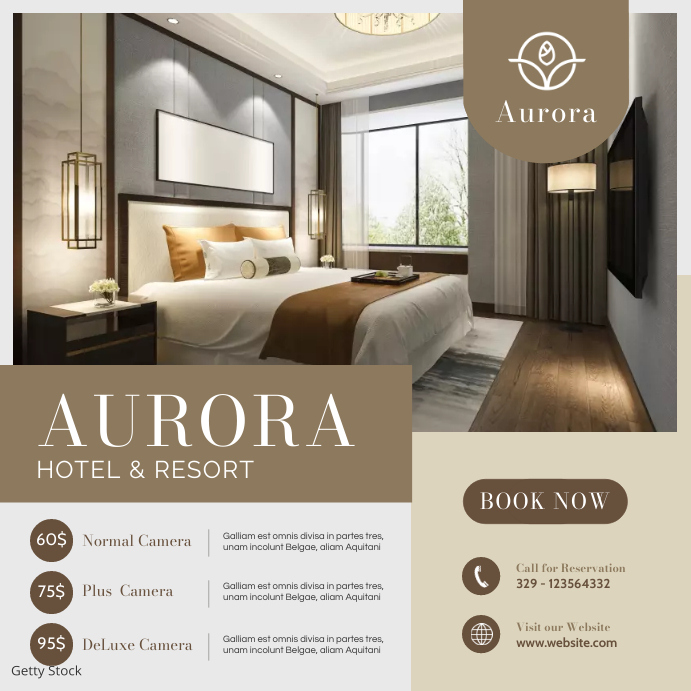 minimal hotel advertisement kaki and grey ad Template | PosterMyWall