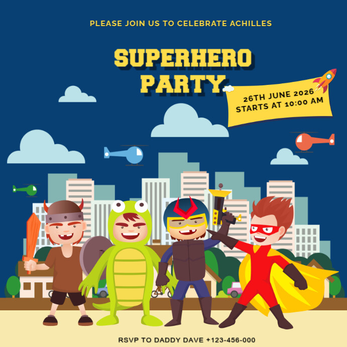 minimal illustrative superhero theme birthday invitation card ig post ...
