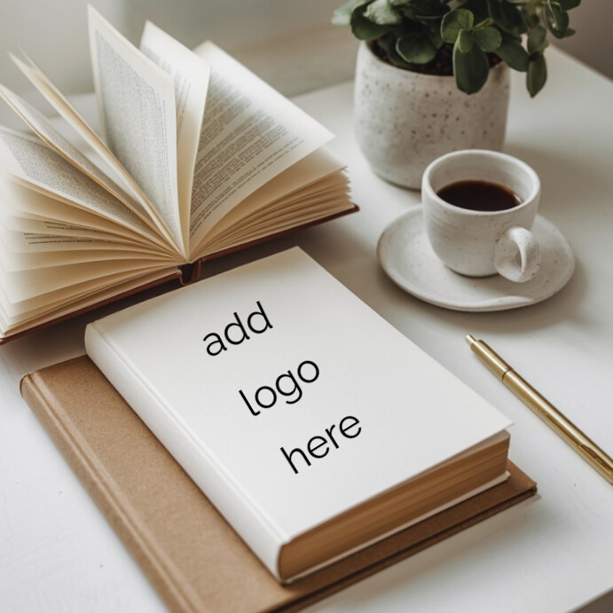 Minimalist Desk with Open Book, Blank Journal, Coffee Cup, and Green Plant Publicação no Instagram template