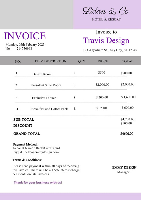 Hostel Invoice Example Minimalist Hotel Business Invoice Template | PosterMyWall