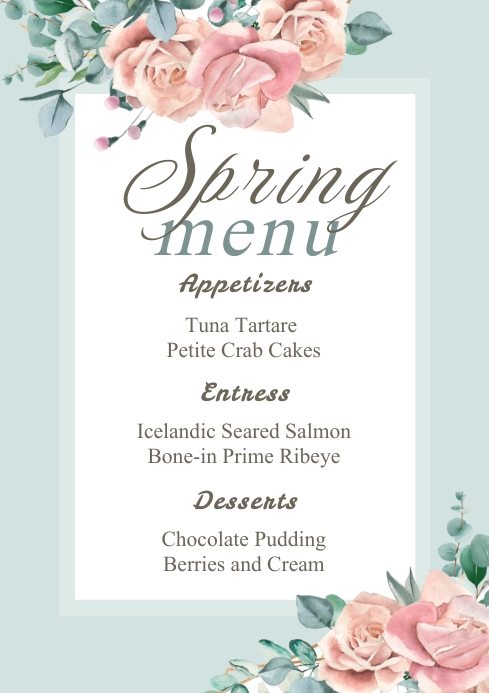 Mint Floral Restaurant Spring Menu Card Template | PosterMyWall
