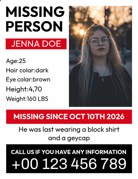 White Missing Person Flyers Template | PosterMyWall
