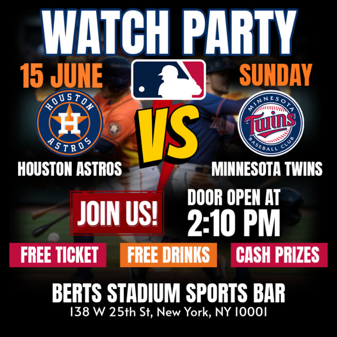 MLB 2025 Baseball Match: Houston Astros Vs Minnesota Twins Watch Party Instagram Template