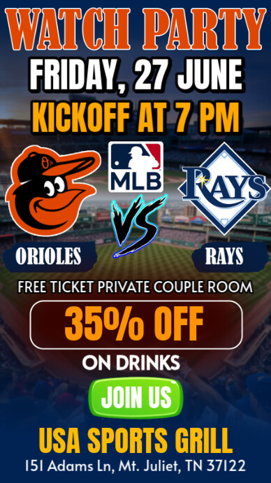 MLB 2025 Baseball: Baltimore Orioles Vs Tampa Bay Rays Watch Party Instagram Story Template