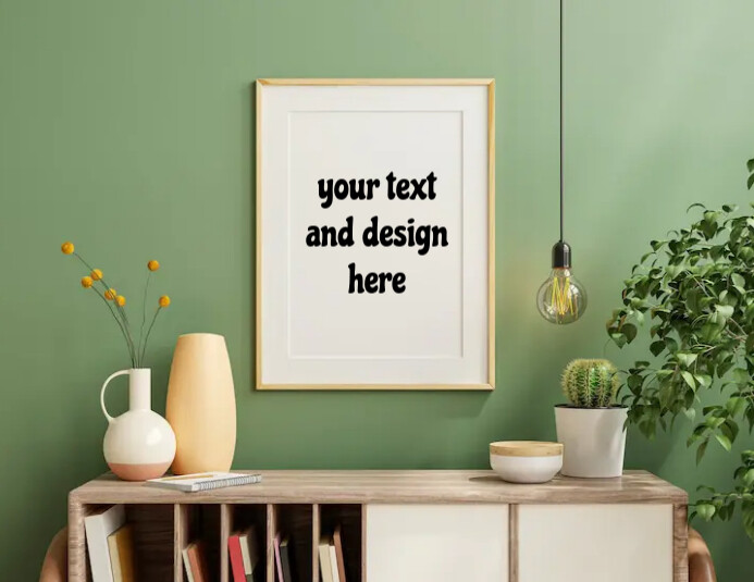 Mockup photo frame green wall mounted on the wooden cabinet with beautiful plants Flyer (US Letter) template