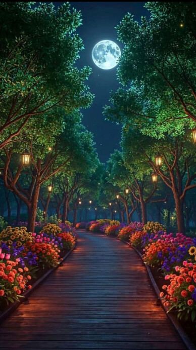 Modern & Minimal “enchanted Moonlit Garden Path Background” Digital Display (9:16) template