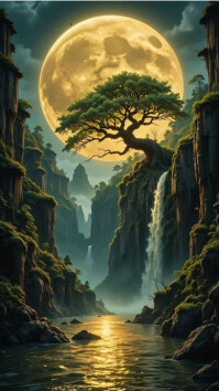 Modern & Minimal “lone Tree In Mountain Waterfall – Nature Reflection Background” Digital Display (9 template