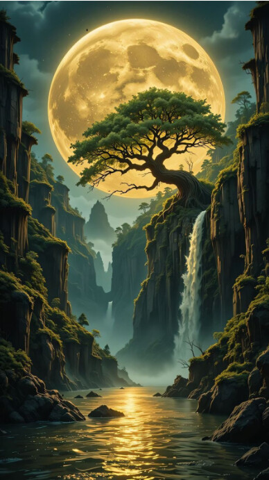 Modern & Minimal “lone Tree In Mountain Waterfall – Nature Reflection Background” Digital Display (9 งานแสดงผลงานแบบดิจิทัล (9:16) template
