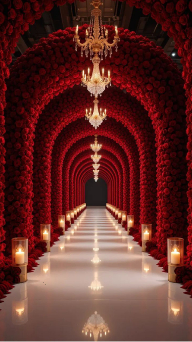 Modern & Minimal “luxury Rose Tunnel | Romantic Candlelight Chandelier Background” Digital Display ( template