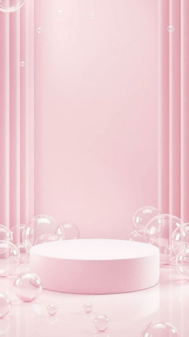 Modern & Minimal “soft Pink Podium Background With Floating Bubbles” Digital Display (9:16) template
