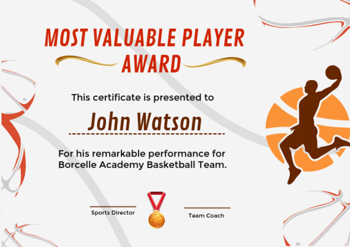 Modern & Minimal Basketball Sports Mvp Certificate A4 template