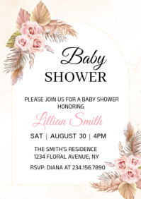 Modern & Minimal Boho Flower Baby Shower Invitation Template  A4