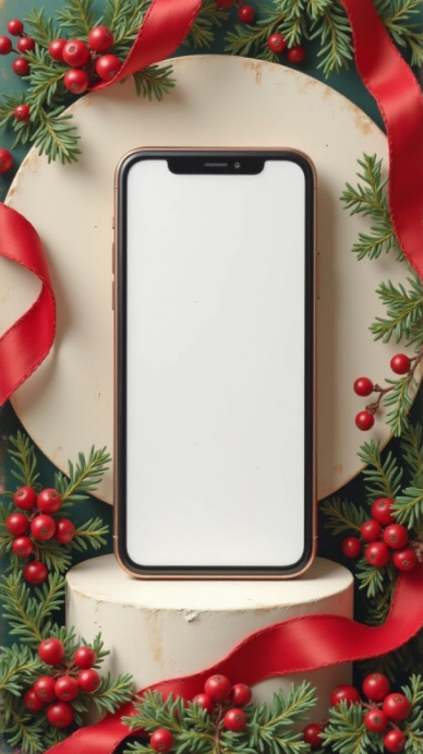 Modern & Minimal Christmas Phone Mockup With Red Ribbon & Holiday Decor Digital Display (9:16) template