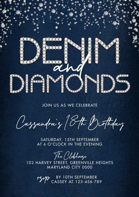 Modern & Minimal Denim And Diamonds Birthday A4 template