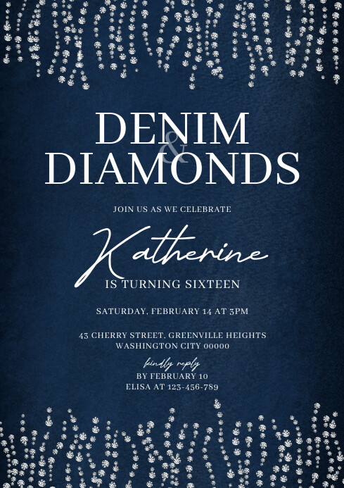 Modern & Minimal Denim And Diamonds Birthday A4 template