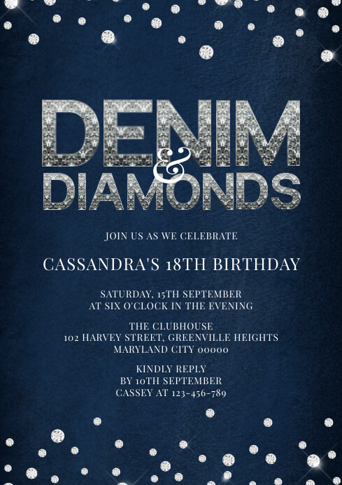 Modern & Minimal Denim And Diamonds Birthday A4 template