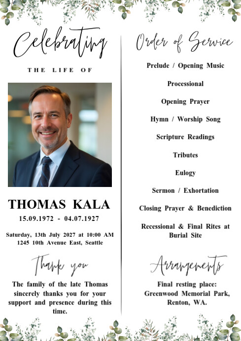 Modern & Minimal Double Sided Funeral Program Template A4