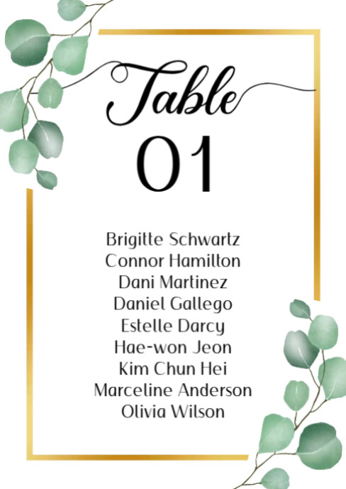 Modern & Minimal Eucalyptus Wedding Table Number A6 template