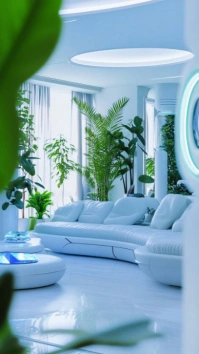 Modern & Minimal Futuristic Green Living Room | Modern Interior Design With Neon Light And Plants Di Digitalanzeige (9:16) template