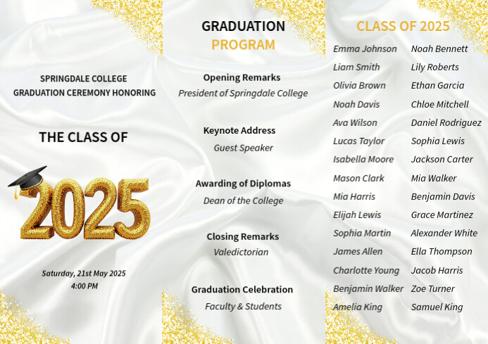 Modern & Minimal Graduation Program Template For The Class Of 2025 A4 ...
