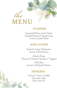 Modern & Minimal Greenery Wedding Menu Template, Eucalyptus Dinner Menu Half Page Wide