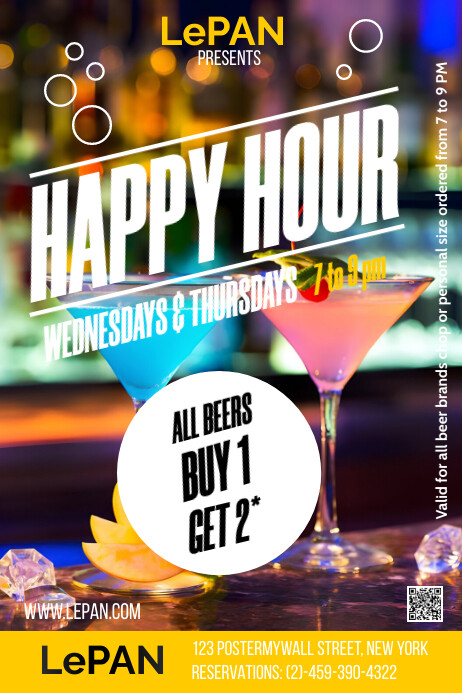 Modern & Minimal Happy Hour Bar And Restauran Cartaz template