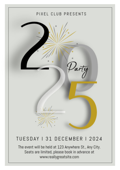 Modern & Minimal Happy New Year 2025 Party Invitation A4 Template ...