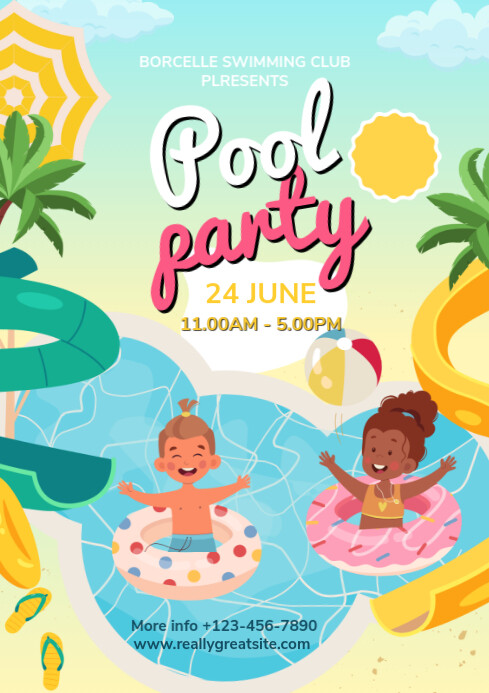 Modern & Minimal Kids Pool Party Advertisement A4 Template | PosterMyWall
