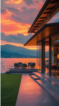 Modern & Minimal Modern Lakeside House With Sunset View Over Mountains And Water Digital Display (9: template