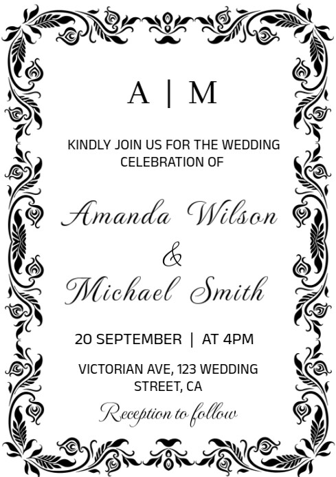 Modern & Minimal Monochrome Vintage Victorian Floral Wedding Invitation Template   A4
