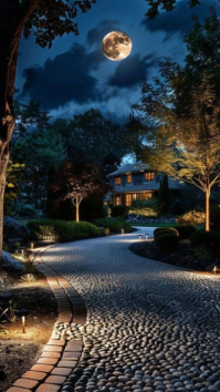 Modern & Minimal Moonlit Pathway – Serene Night Home View Digital Display (9:16) template