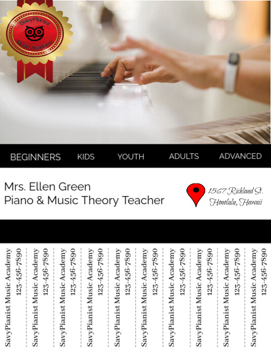Modern & Minimal Music, Piano, Teacher, Academy, School, Escuela, Musica, Clases, Tear Off Tabs, Mus Flyer (US-Letter) template