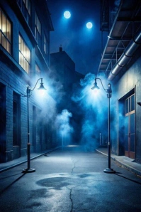 Modern & Minimal Mysterious Foggy Alley Background | Cinematic Blue Urban Night Scene Poster template